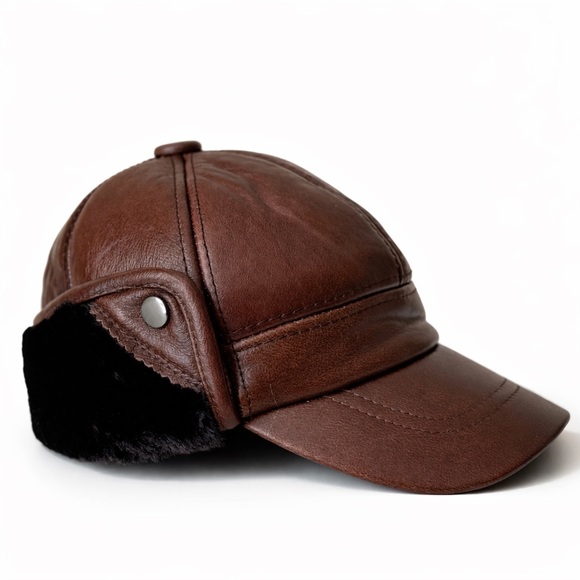 The Unbranded Brand Other - Men's Genuine Cowhide Leather Ear Flap Hat Winter Warm Windproof Outdoor